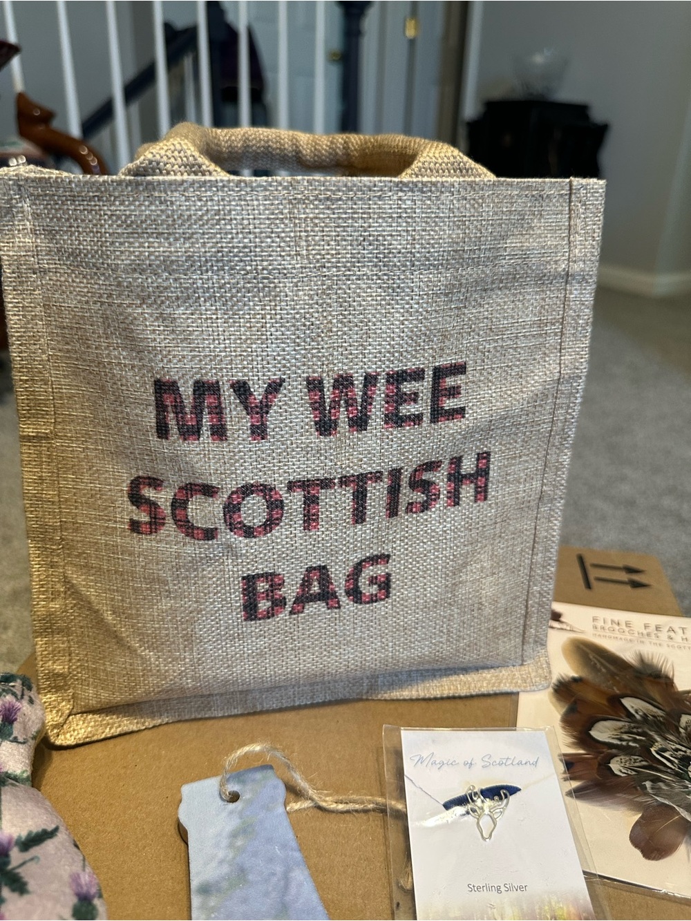 My Wee Scottish Bag Gift Set. Natural Jute Tote with Plaid Lettering